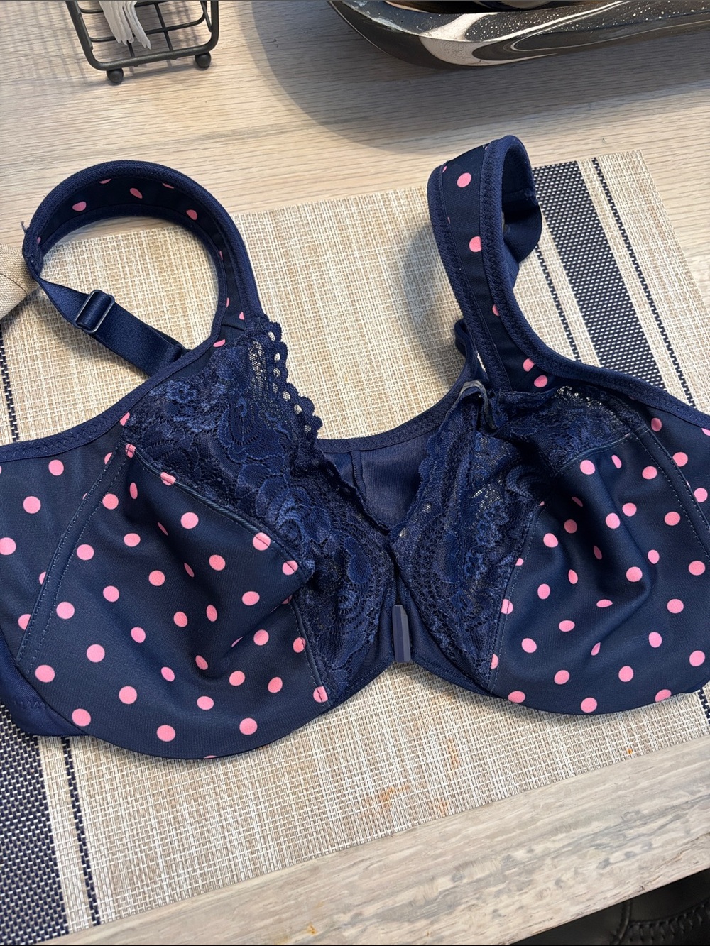 Glamorise Navy Bra with Pink Polka Dots and Lace